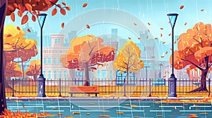 Landscape of city street with park and buildings behind fence in rain. Modern parallax background with cartoon