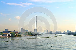 Landscape city View of Rama 8 Bridge on the Chao Phraya River With light in the morning