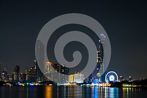 Landscape and Cityscape. Building along the Chao Phraya River at night. at Asiatique The Riverfront The landmark of Bangkok