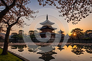 Landscape with a classic Pagoda palace by the lake at sunset. Cherry blossom above mirror-like water surface. Amazing 3D