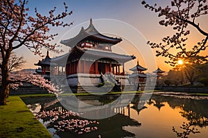 Landscape with a classic Pagoda palace by the lake at sunset. Cherry blossom above mirror-like water surface. Amazing 3D