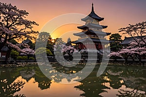 Landscape with a classic Pagoda palace by the lake at sunset. Cherry blossom above mirror-like water surface. Amazing 3D