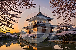 Landscape with a classic Pagoda palace by the lake at sunset. Cherry blossom above mirror-like water surface. Amazing 3D