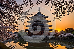 Landscape with a classic Pagoda palace by the lake at sunset. Cherry blossom above mirror-like water surface. Amazing 3D
