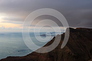 Landscape of cliffs of Mirador del RÃ­o and archipelago of Chinijo in background