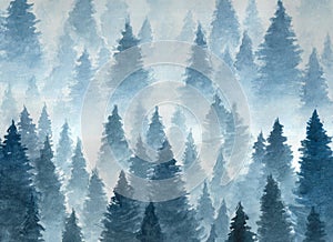 Landscape of cloudy winter forest taiga, Hand drawn watercolor illustration