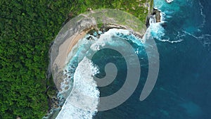 Landscape with coastline, beach, scenic rocks and ocean with waves. Aerial view