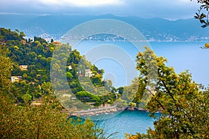 Landscape with coastline and  seaside villas near Portofino. Liguria, Italy