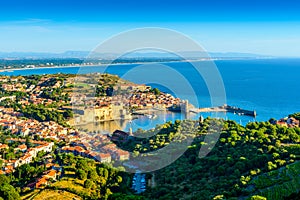 Landscape of Collioure city with harbor and sea in France