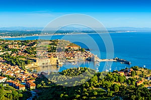 Landscape of Collioure city with harbor and sea in France