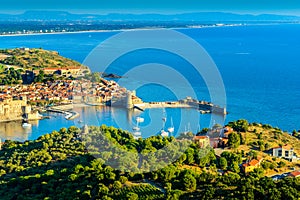 Landscape of Collioure city with harbor and sea in France