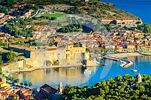 Landscape of Collioure city with harbor and sea in France