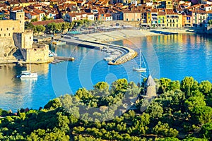 Landscape of Collioure city with harbor and sea in France