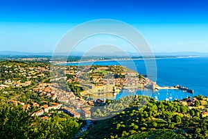 Landscape of Collioure city with harbor and sea in France