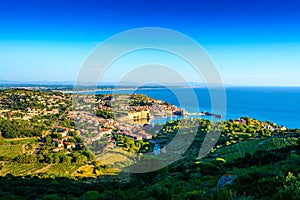 Landscape of Collioure city with harbor and sea in France