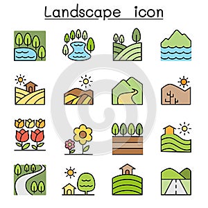 Landscape color line icon set