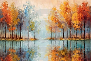 Landscape with colorful autumn forest near the lake. Oil painting in the style of impressionism.