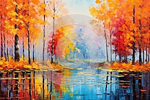 Landscape with colorful autumn forest near the lake. Oil painting in the style of impressionism.