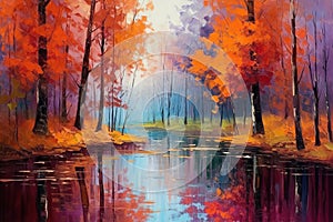 Landscape with colorful autumn forest near the lake. Oil painting in the style of impressionism.