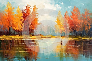 Landscape with colorful autumn forest near the lake. Oil painting in the style of impressionism.