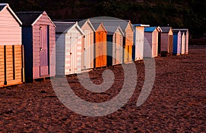 Landscape of colorful cabins on the beach in Teignmouth, Devon, England