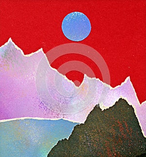 Landscape with colorful mountains and blue sun on red sky