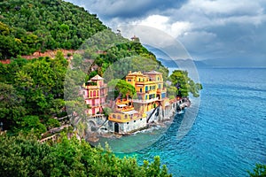 Landscape with colorful seaside villas near Portofino. Liguria, Italy