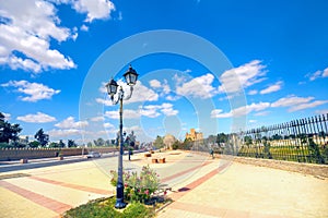 Landscape with colorful street and road along Aghlabid Basins. Kairouan, Tunisia, North Africa