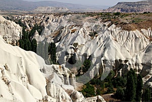 Landscape with the cone-shaped mountains in the Love Valley near Goreme in Cappadocia, Turkey