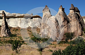Landscape with cone-shaped mushroom mountains in the Pasabag Valley in Cappadocia, Turkey
