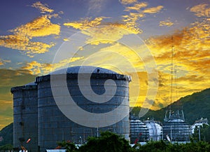 landscape of construction site oil storage tank in refinery petrochemical industry plant against beautiful dusky sky