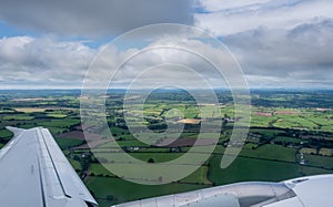 Landscape cork county from air plane window. Ireland green fields from above