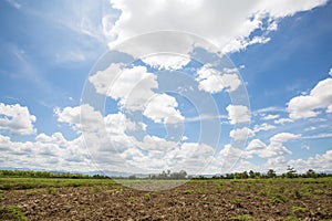 Landscape of could in blue sky with mountain and fields view in the afternoon sun light