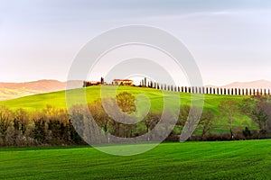 Landscape of countryside at sunset.Tuscany, Italy.