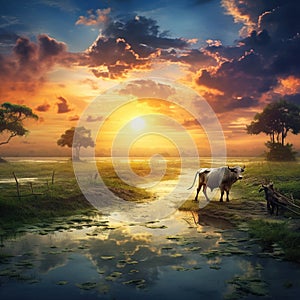 Landscape with a cow that graze grass at sunset in Sundarbans, West Bengal  Made With Generative AI illustration