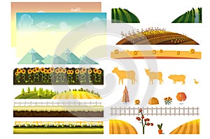 Landscape creator. Vector collection of landscape and farming design elements