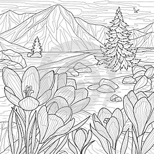 Landscape with crocuses and mountains.Coloring book antistress for children and adults.