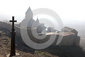 Landscape of cross and Khor Virap monastery