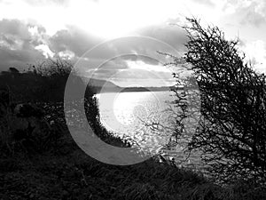 Monochrome Waterscape, Sun and Clouds