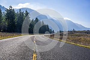 Landscape Curving Road to Columbia River Gorge with Firs and Mountains