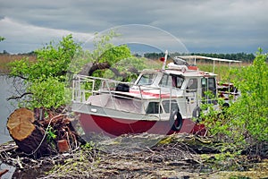 Landscape in Danube Delta. Stuck boat wreck in natural reserve - landmark attraction in Romania