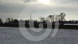 Landscape in the Danube meadows in winter with fields and snow in aerial view