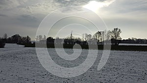 Landscape in the Danube meadows in winter with fields and snow in aerial view