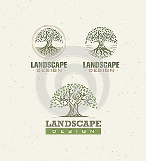 Landscape Design Creative Vector Concept. Tree With Roots Inside Circle Organic Sign Set On Craft Paper Background.