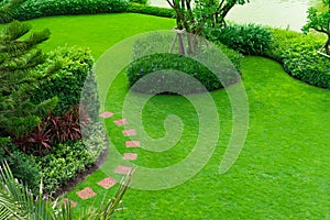 Landscape design freshly mowed lawn. top-view garden landscape design with paths intersecting bright. green grass shrub lawn care