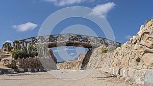 Landscape design in the park. The arched decorative bridge