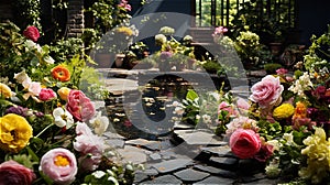 landscape design of a pond surrounded by a blooming flowers.