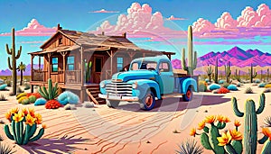 Landscape design shack house old pickup hot desert lifestyle