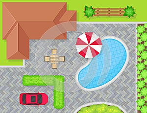 Landscape Design Top View with House Roof, Pond, Bush and Parked Car Vector Template