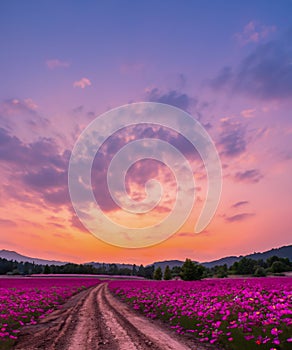 Landscape of the dirt road and beautiful cosmos flower field at sunset time